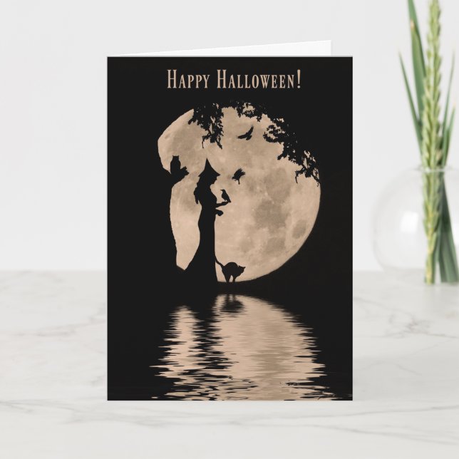 Witch and Ravens Black Cat and Owl Happy Halloween Card (Front)