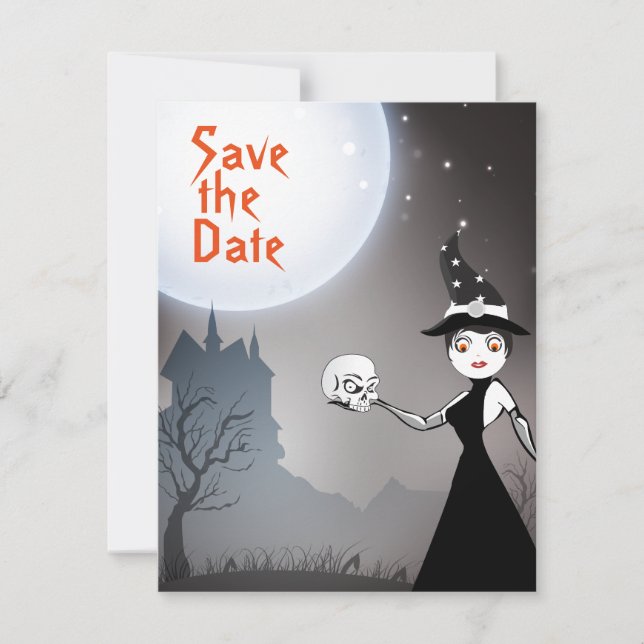 Witch and Skull Couple Full Moon Halloween Wedding Save The Date (Front)