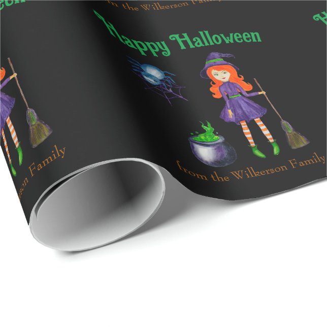 Witch and Spider Custom Name Black Halloween Wrapping Paper (Roll Corner)