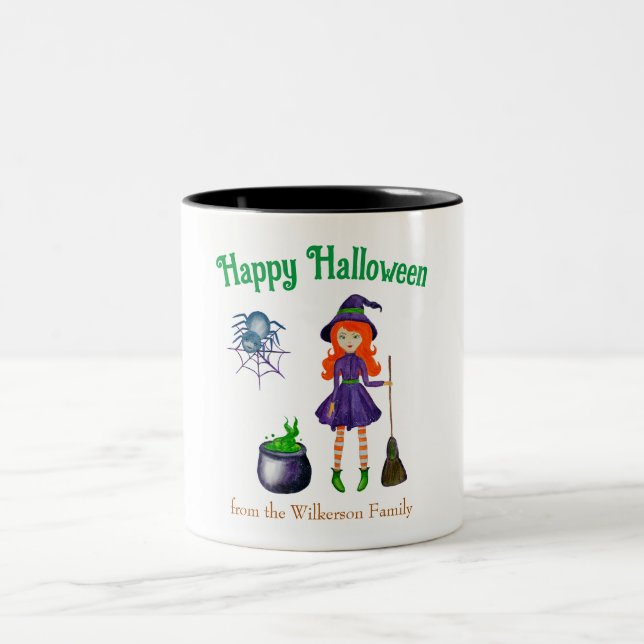Witch and Spider Custom Name Halloween Two-Tone Coffee Mug (Center)