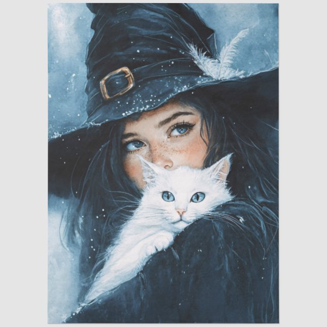 Witch and White Cat Decoupage Tissue Paper (Front)