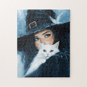 Witch and White Cat Jigsaw Puzzle