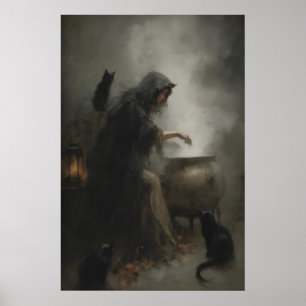 Witch at Cauldron Art Printable Gothic Witchcraft Poster