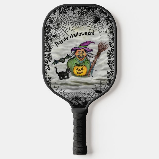 Witch , Bat , Cat and Pumpkin , Happy Halloween! Pickleball Paddle (Front)
