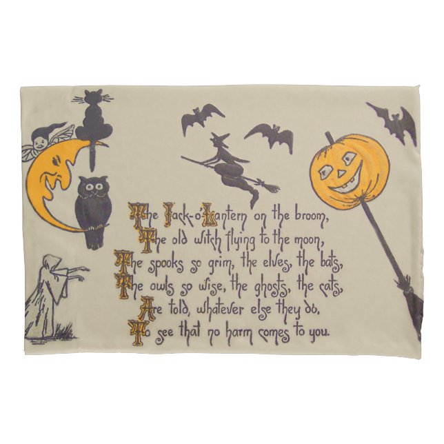 Witch Bat Owl Black Cat Jack O' Lantern Pillowcase (Front)