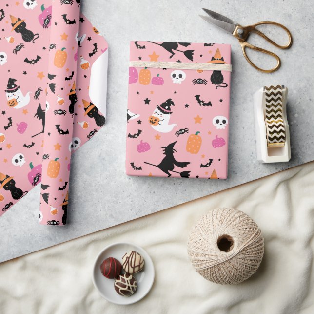 Witch Bats Spiders Ghost Pumpkin Halloween Pattern Wrapping Paper (Crafts)