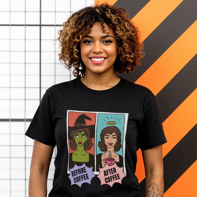 Witch Before Coffee Saint After Comic Pop Art T-Shirt (Witch Before Coffee Saint After Comic Pop Art T-Shirt.)