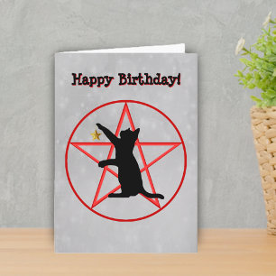 Witch Birthday Black Cat Red Pentagram Circle Grey Card