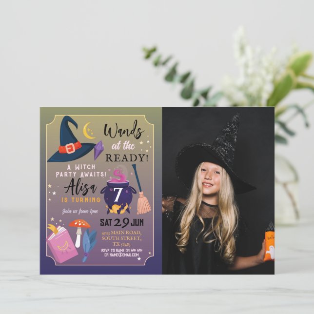 Witch Birthday Party Wands Ready Girls Pink Photo Invitation (Standing Front)