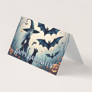 Witch, Black Cat and Bats in Twilight Sky