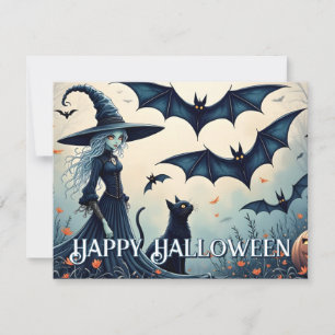 Witch, Black Cat and Bats in Twilight Sky