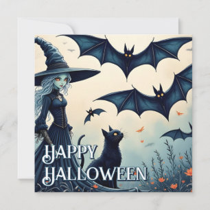 Witch, Black Cat and Bats in Twilight Sky