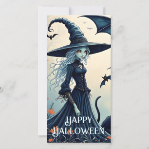 Witch, Black Cat and Bats in Twilight Sky