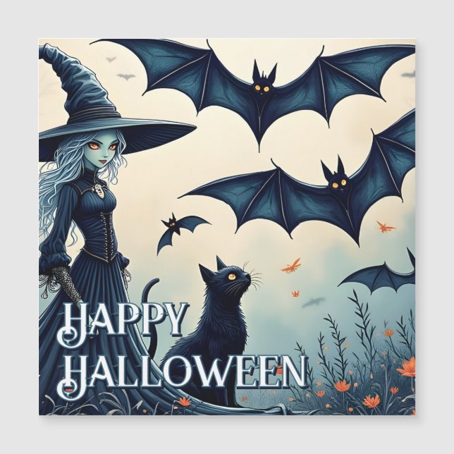 Witch, Black Cat and Bats in Twilight Sky (Front)