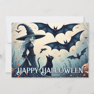 Witch, Black Cat and Bats in Twilight Sky