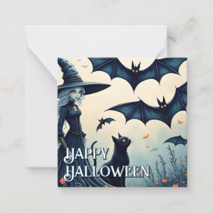 Witch, Black Cat and Bats in Twilight Sky Card