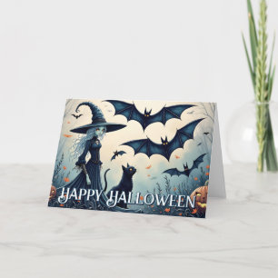 Witch, Black Cat and Bats in Twilight Sky Card