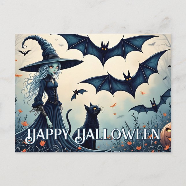 Witch, Black Cat and Bats in Twilight Sky Holiday Postcard (Front)