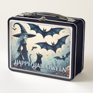 Witch, Black Cat and Bats in Twilight Sky Metal Lunch Box
