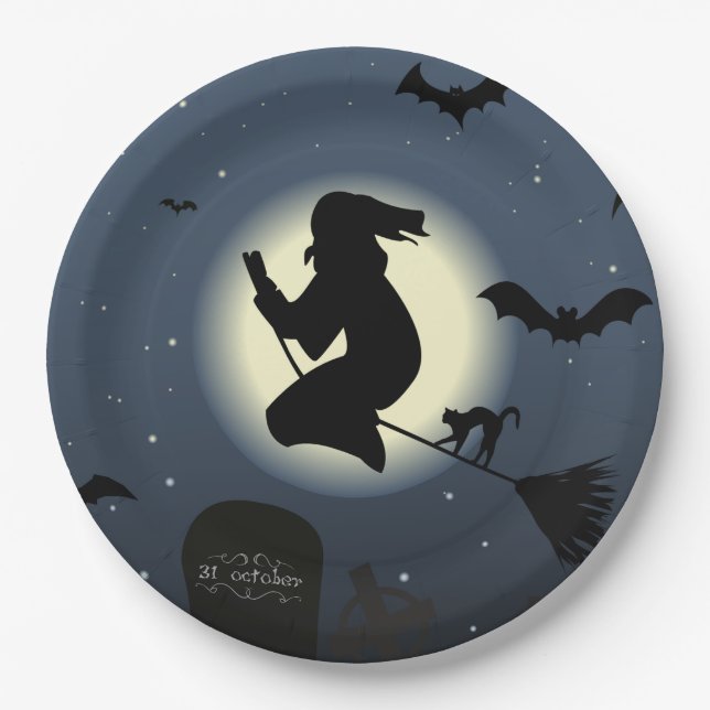 Witch, Black cat and Bats Paper Plate (Front)