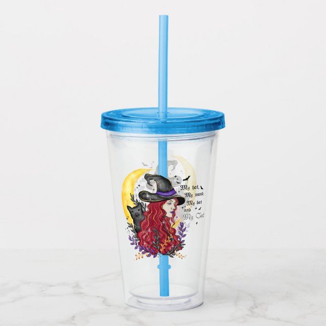 Witch, Black Cat and Crescent Moon Acrylic Tumbler (Front)