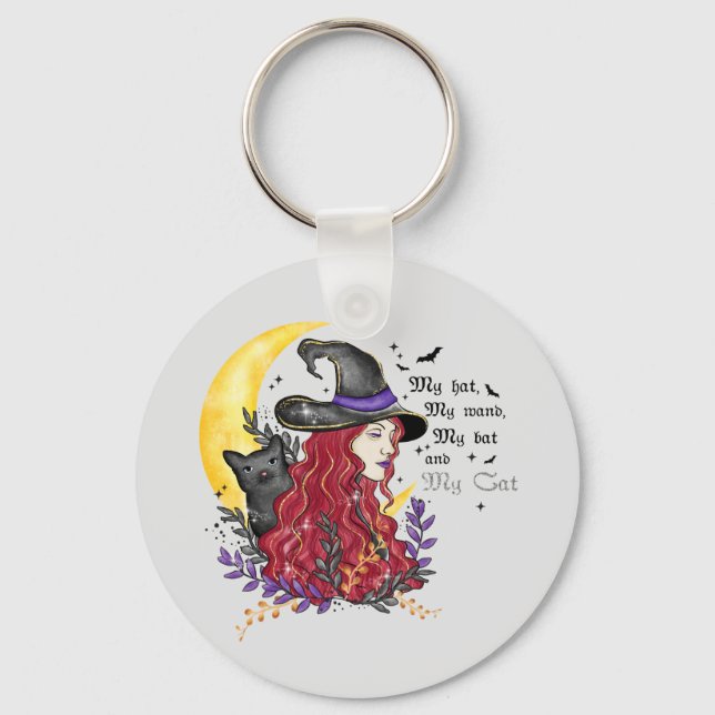 Witch, Black Cat and Crescent Moon Key Ring (Front)