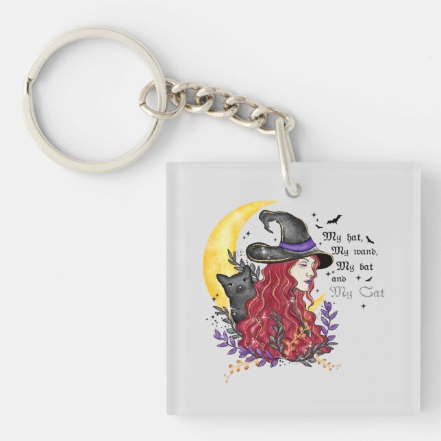 Witch, Black Cat and Crescent Moon Key Ring (Front)