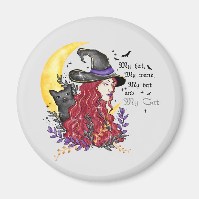Witch, Black Cat and Crescent Moon Magnet (Front)