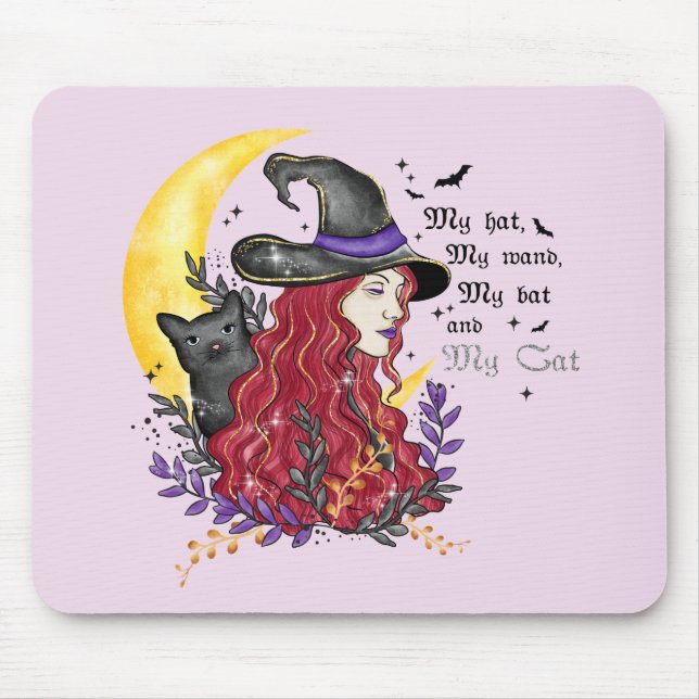 Witch, Black Cat and Crescent Moon Mouse Mat (Front)