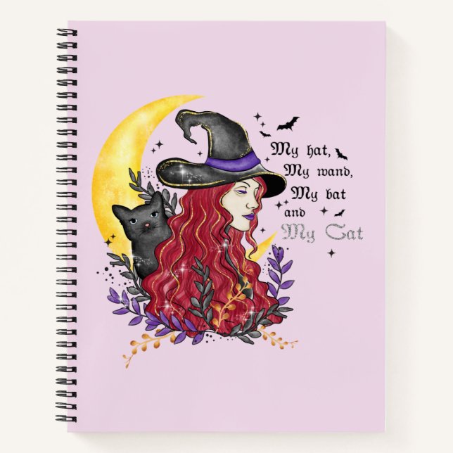 Witch, Black Cat and Crescent Moon Notebook (Front)