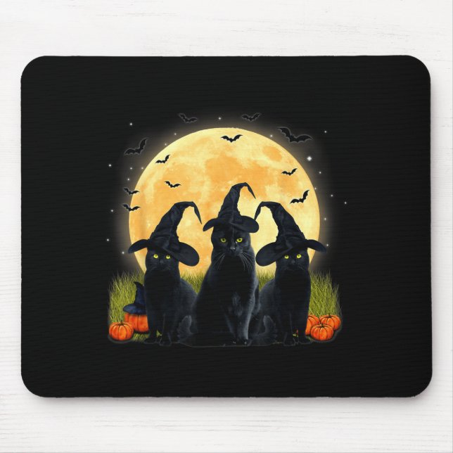 Witch Black Cat And Full Moon Pumpkin Halloween Mouse Mat (Front)