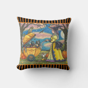 WITCH, BLACK CAT BABY BUGGY HALLOWEEN THROW PILLOW