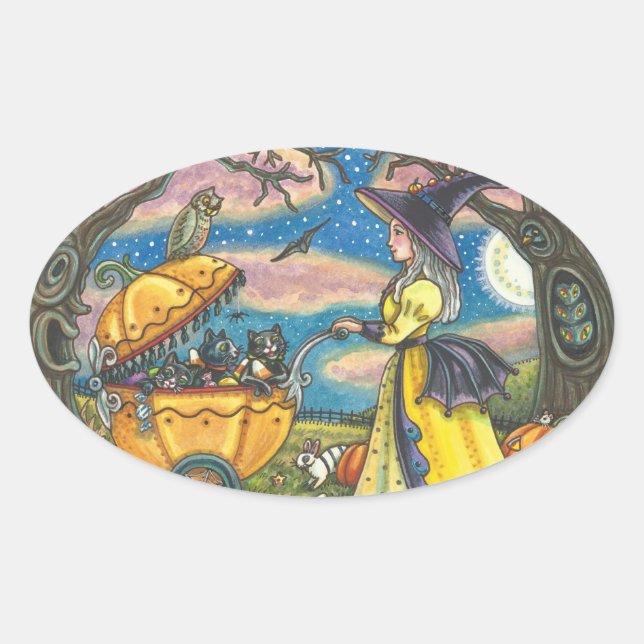 WITCH, BLACK CAT BABY BUGGY STICKERS SHEET Oval (Front)