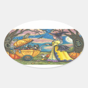 WITCH, BLACK CAT BABY BUGGY STICKERS SHEET Oval