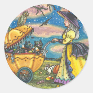 WITCH, BLACK CAT BABY BUGGY STICKERS SHEET Round