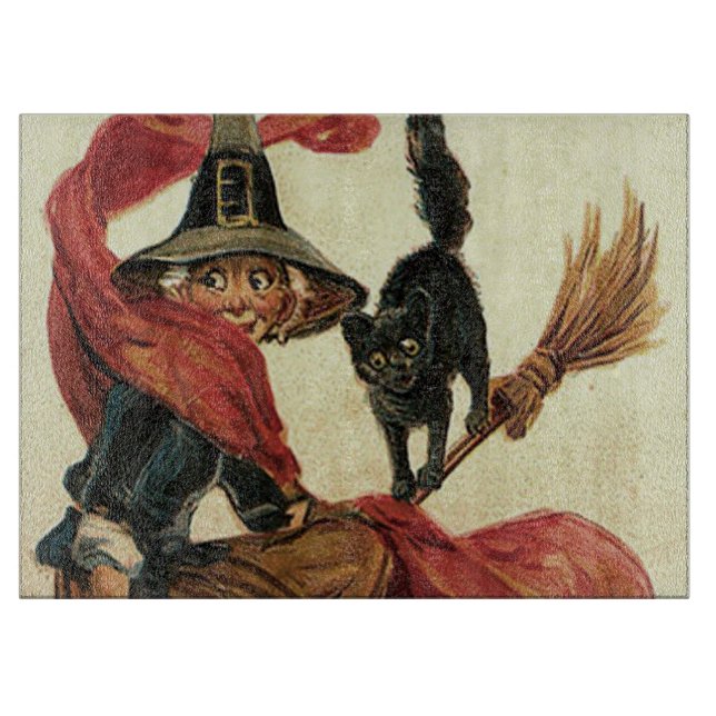 Witch Black Cat Broom Cutting Board (Front)