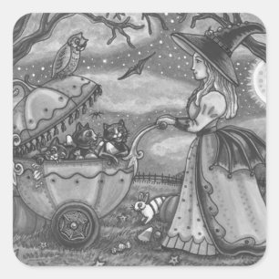 WITCH, BLACK CAT BUGGY GOTH STICKERS SHEET Square