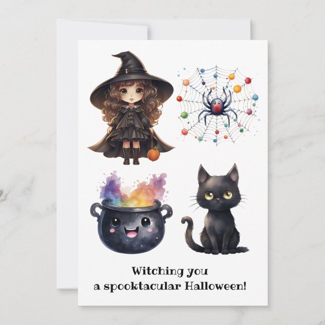 Witch Black Cat Cauldron Witchcraft Halloween Name Holiday Card (Front)