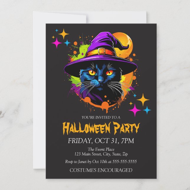 Witch Black Cat Costume Halloween Party Invitation (Front)