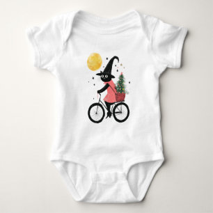 Witch Black Cat Cycling Cute and Spooky Christmas Baby Bodysuit