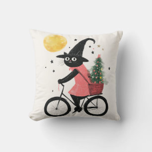 Witch Black Cat Cycling Quirky & Spooky Christmas Cushion