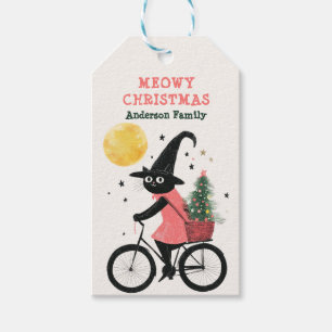 Witch Black Cat Cycling Spooky Meowy Christmas Gift Tags