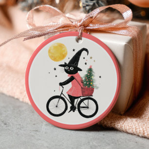 Witch Black Cat Cycling Xmas Tree Witchy Christmas Ceramic Tree Decoration