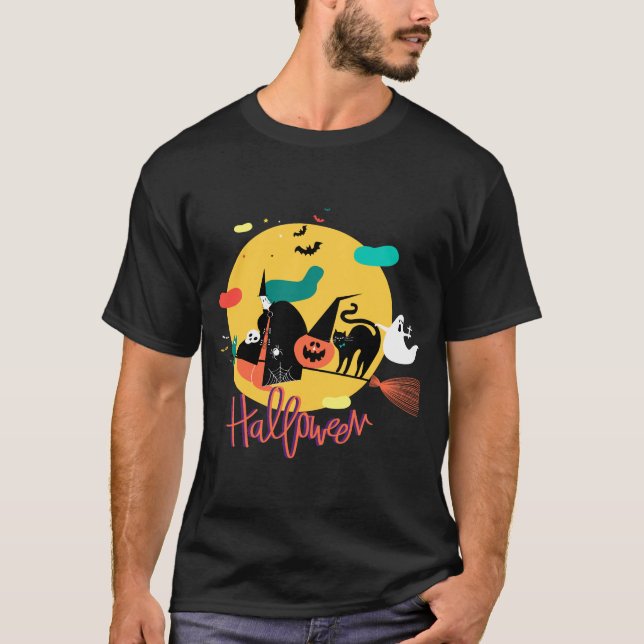  Witch Black Cat Flying Broomstick T-Shirt (Front)