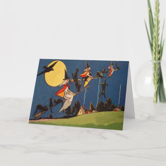 Witch Black Cat Flying Moon Crow Card (Front)