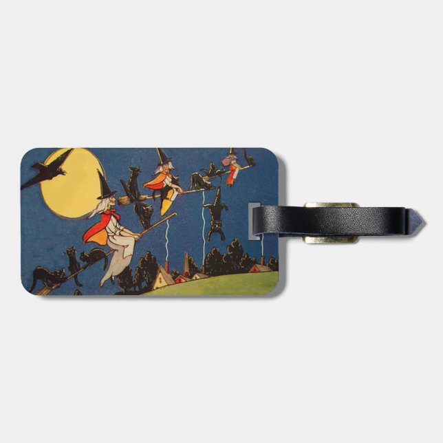 Witch Black Cat Flying Moon Crow Luggage Tag (Back Horizontal)