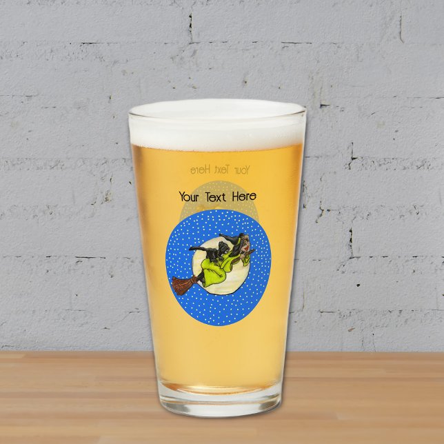 Witch Black Cat Flying Past Moon Broom Stars Glass (Fun Witch green dress flying on broom with cat past moon blue circle with stars glass drink tumbler.)