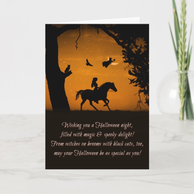 Witch Black Cat Horse Owl Raven Happy Halloween Card (Front)