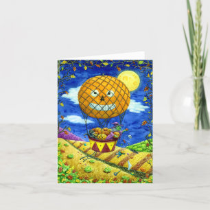 WITCH, BLACK CAT IN HOT AIR BALLOON FOLK ART Blank Holiday Card