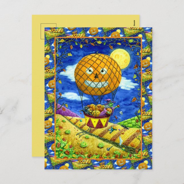 WITCH, BLACK CAT IN HOT AIR BALLOON FOLK ART HUMOR HOLIDAY POSTCARD (Front/Back)